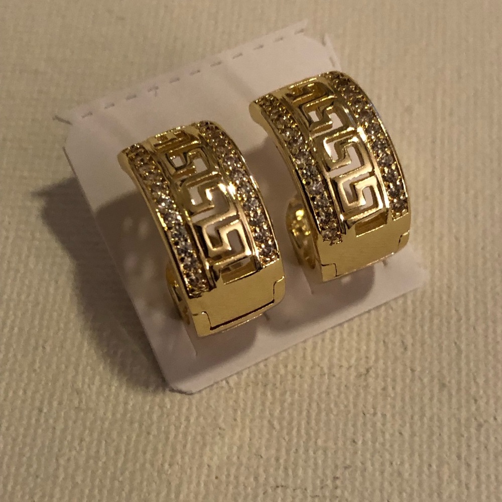 Gold-Tone Greek Key Hoop Earrings with Crystal Accents